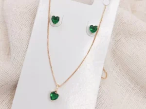 Conjunto  Colar e Brincos De Coração Verde Banhado A Ouro 18k