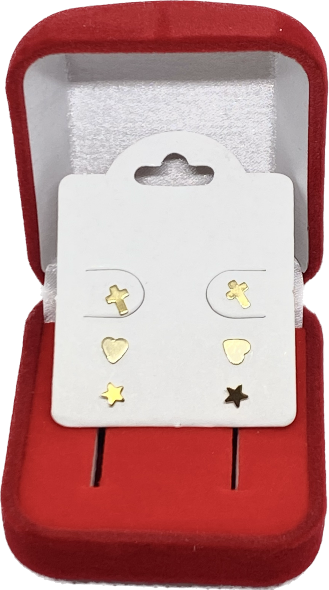 Kit de Brincos três furos, Cruz + Estrela + Coração