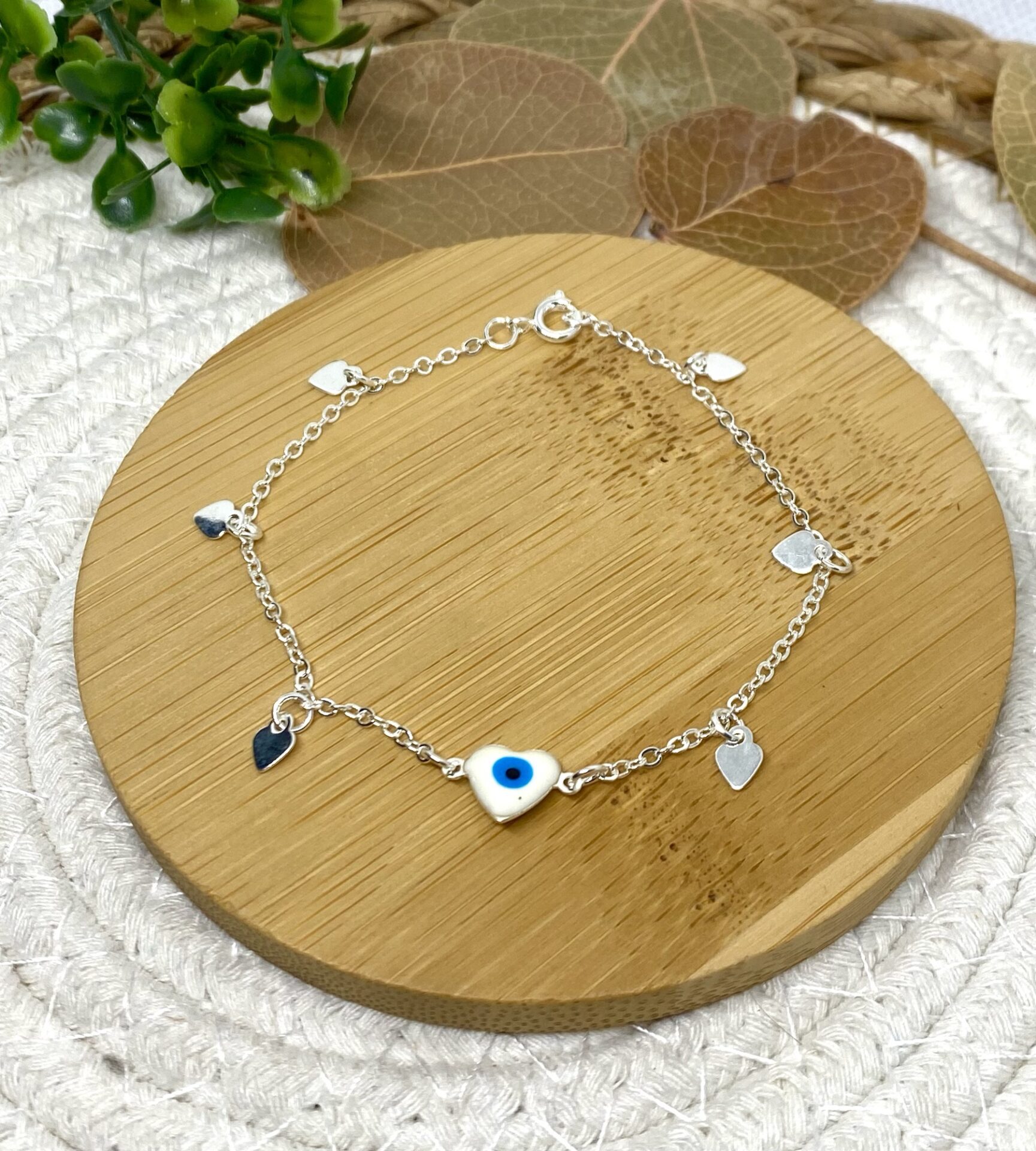 Pulseira Olho Grego + Pingentes de Coração Banho de Prata 925