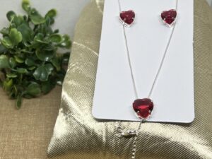 Conjunto Colar + Brinco De Coração Vermelho Banhado a Ouro 18k