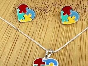 Conjunto Colar + Brinco + Pingente Inspiração Autismo | Prata 925