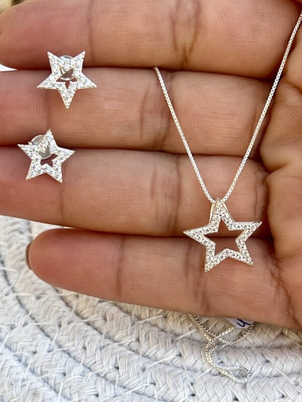 Conjunto Colar e Brinco de Estrela Cravejado com Microzircônia em Prata 925
